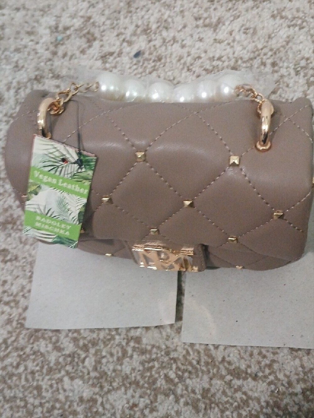 Badgley Mischka Taupe Quilted Crossbody Bag with Pearl Handle - Picture 7 of 9